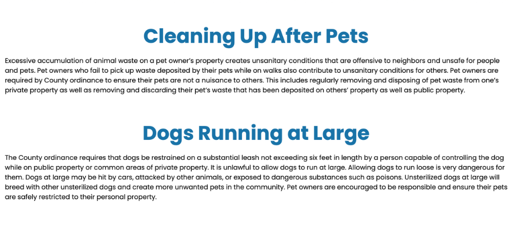 Los Angeles County Animal Regulations webpage showing the Cleaning Up After Pets and Dogs Running at Large sections.